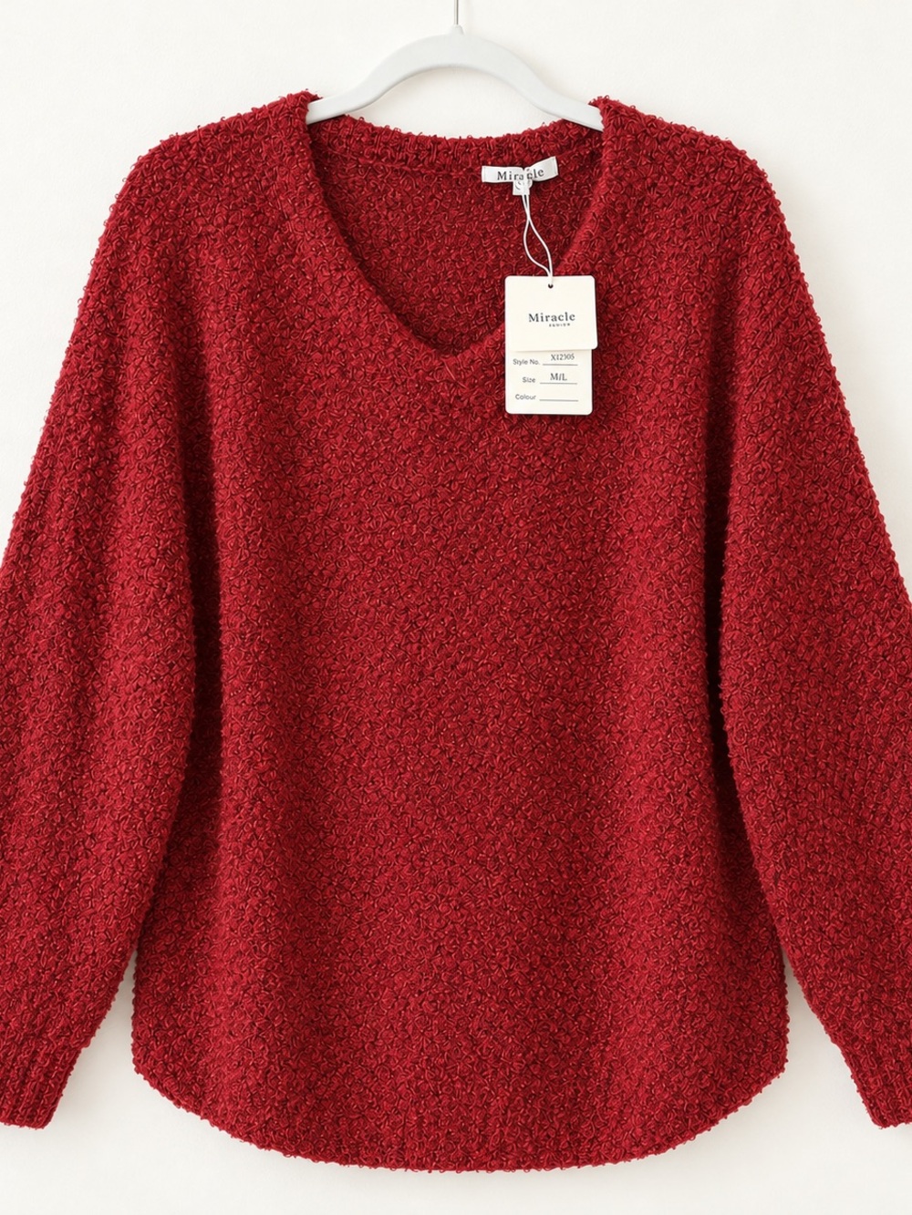 Miracle Women's Deep Red V-Neck Textured Knit Sweater